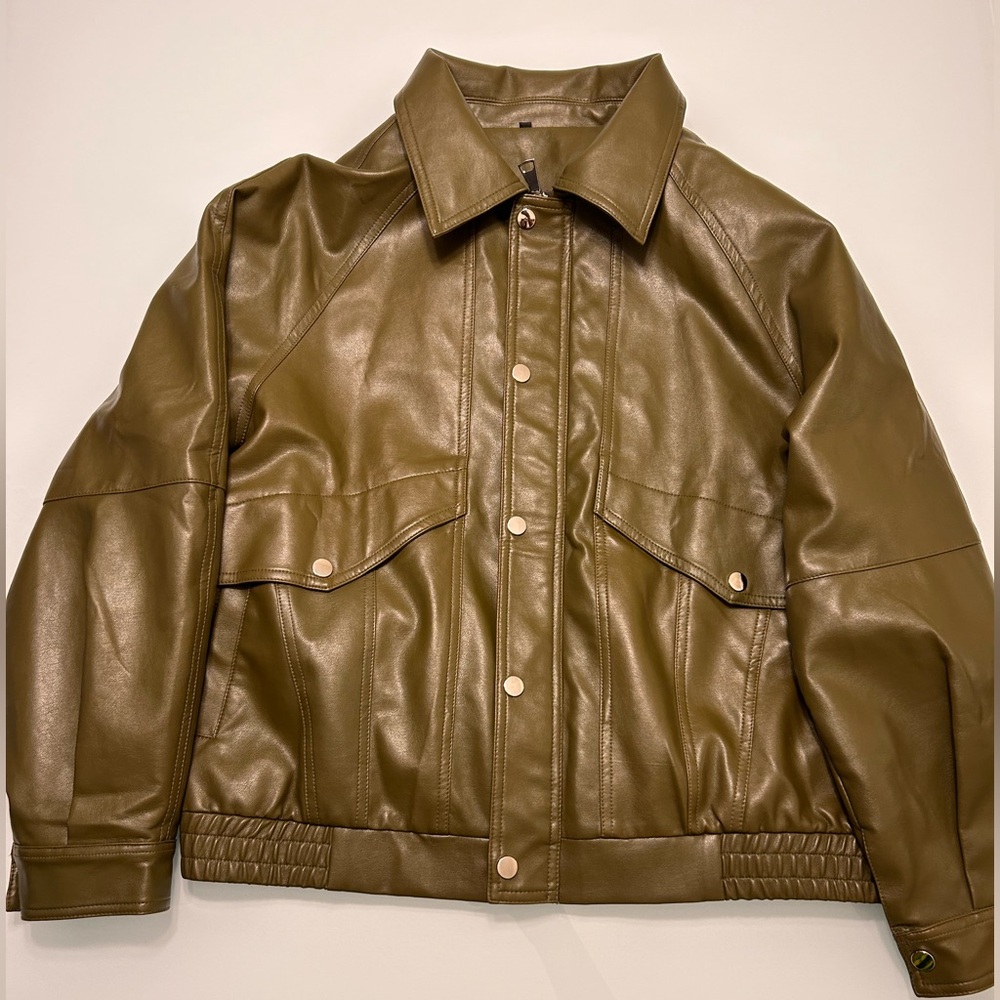 Trendy Olive Faux Leather Jacket Size M
